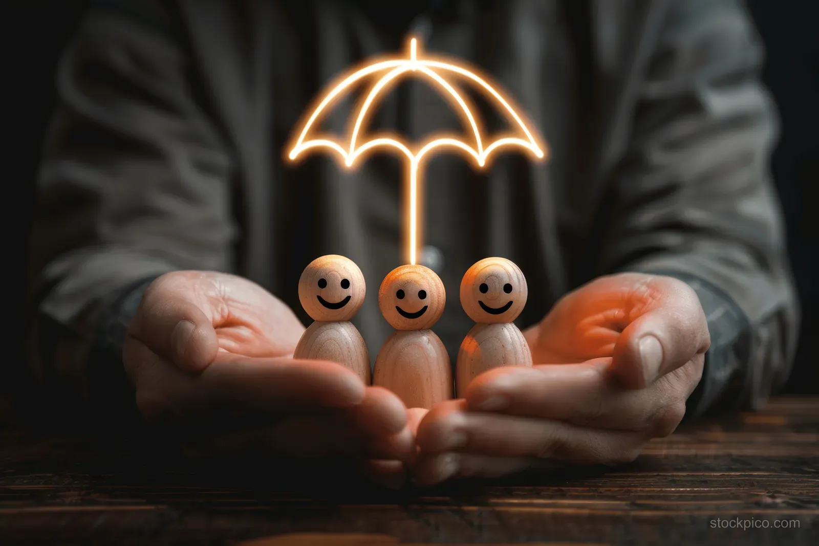 Hands shelter smiling wooden family figures under a glowing umbrella icon symbolizing insurance protection.