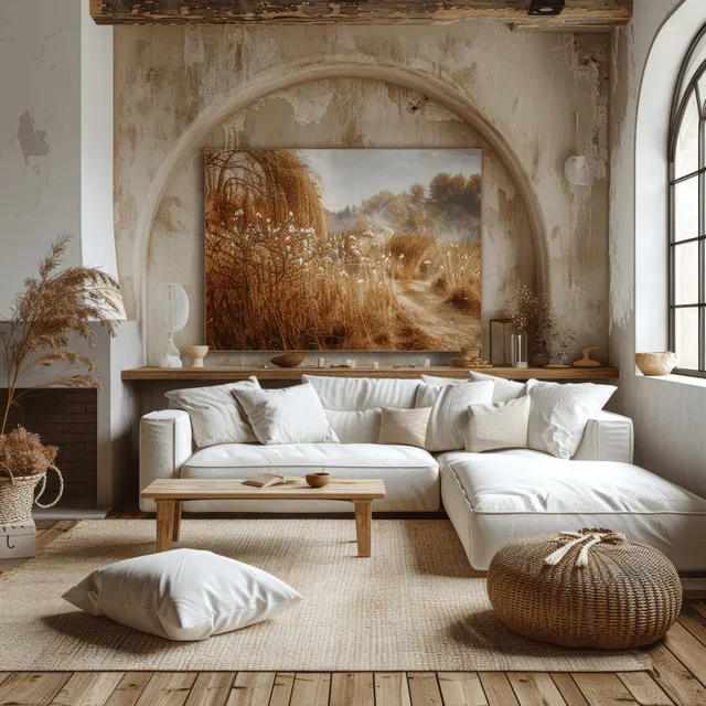 White sectional sofa sits in a Mediterranean living room beneath an arched window and fireplace, with framed wall art and a wooden table.