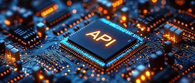 Close-up circuit board with glowing API microchip, neon cyberpunk lighting and shallow depth