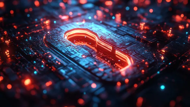 Futuristic digital padlock glowing in neon cyberpunk circuit maze with floating particles