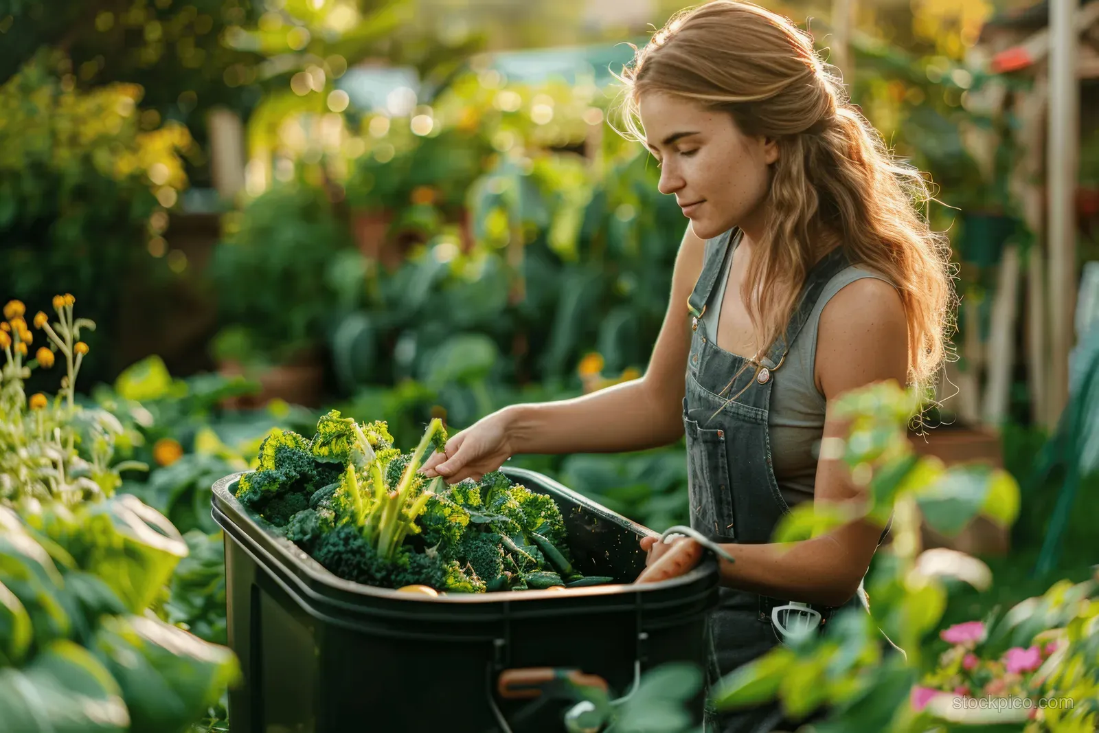 Woman adding vegetable scraps to a black compost bin in a sunny backyard garden.