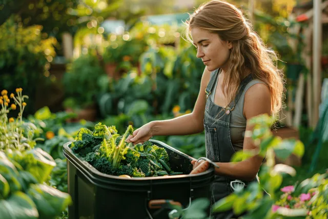 Woman composts vegetable scraps in backyard garden bin at golden hour sunlight