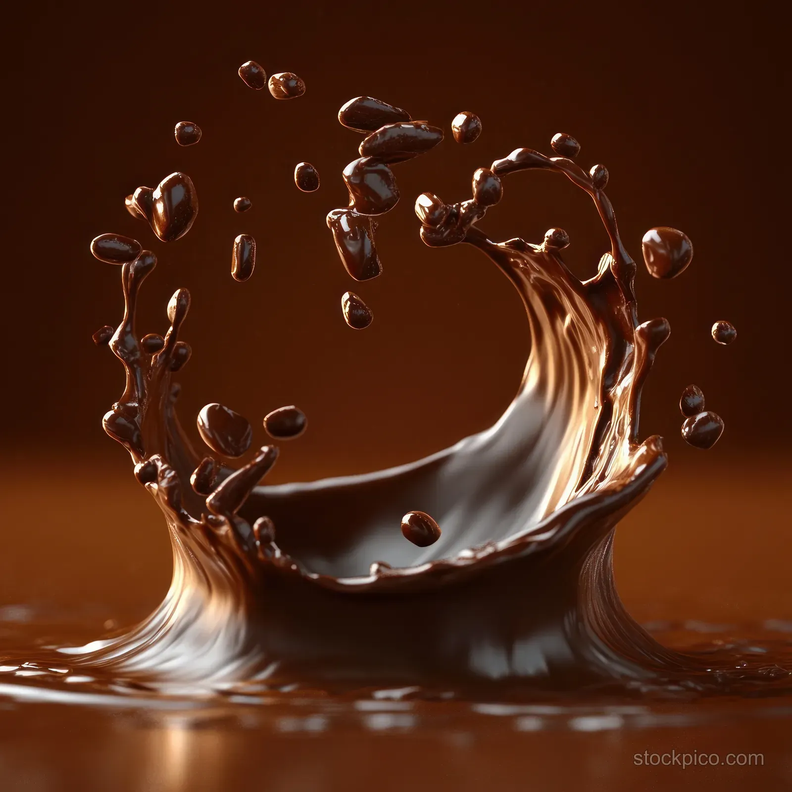 Glossy coffee beans splash into melted chocolate, creating circular waves and droplets on a dark brown surface.