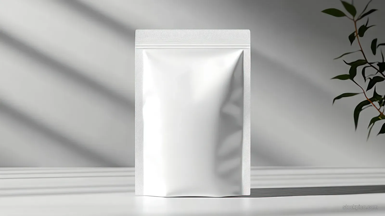 Blank white matte stand-up pouch bag standing on a clean surface with soft shadows and green leaves nearby.