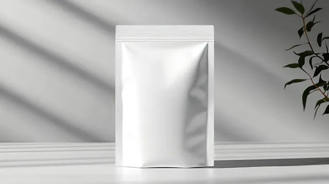 Blank white matte stand-up pouch bag standing on a clean surface with soft shadows and green leaves nearby.