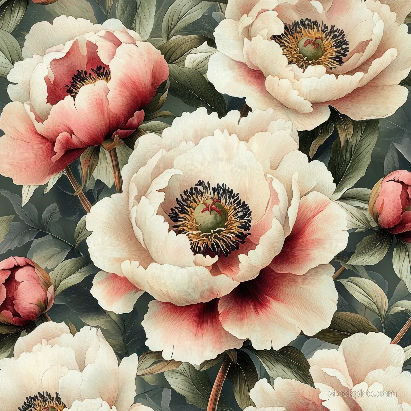 Layered pink and cream peony blossoms with detailed dark green leaves fill the background.