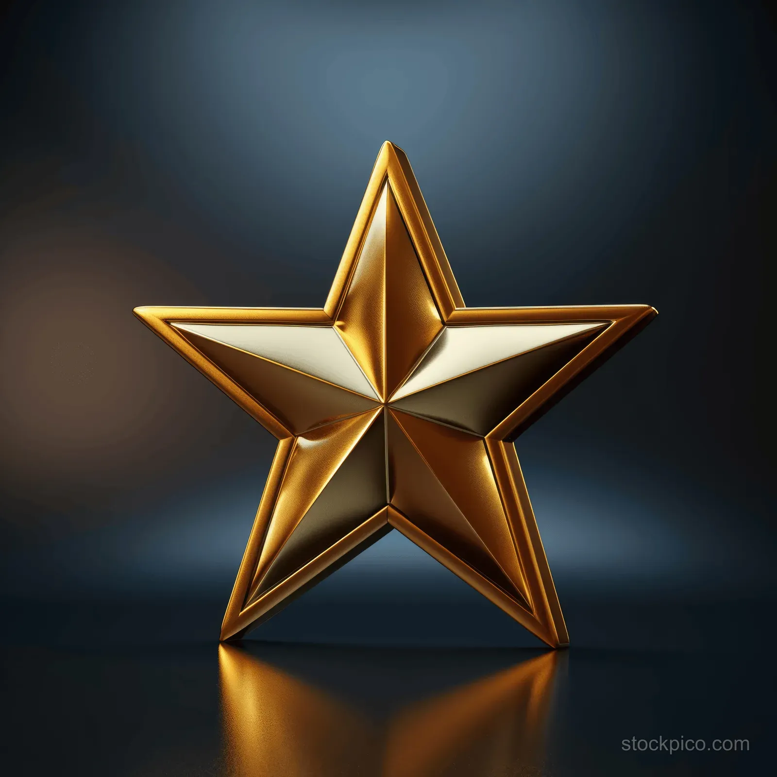 A centered 3D gold star icon with a soft glow and reflection on a dark background.