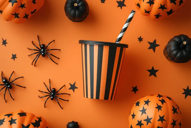A festive Halloween still life with pumpkins, black spiders, striped straws, and decorative stars on an orange background.