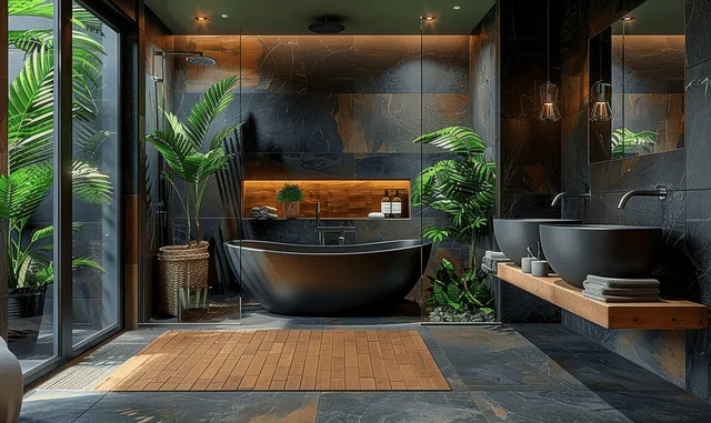 Dark modern bathroom interior with large bathtub, glass shower, double sinks, black stone tiles, and potted green plants.