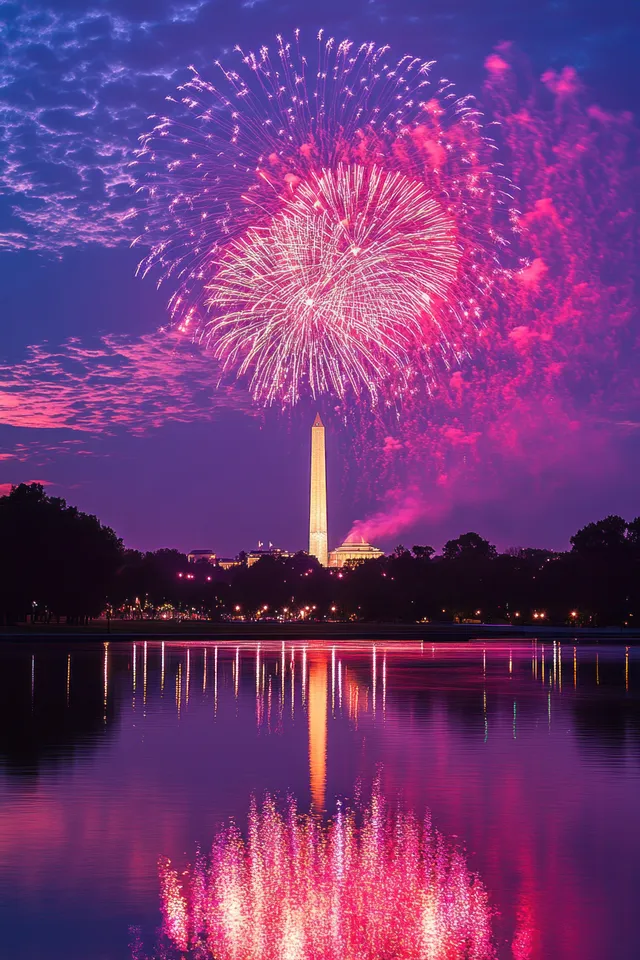 Colorful fireworks burst over a tall white monument, reflected in calm water with dark trees and glowing shore lights.