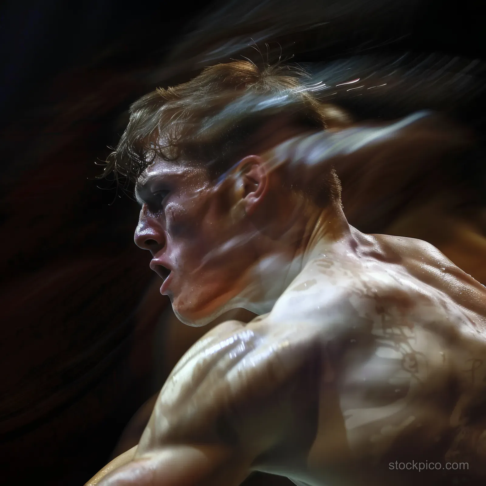 A Hungarian Greco-Roman wrestler clenches his grip in a dark arena, sweat visible as motion blur streaks behind him.