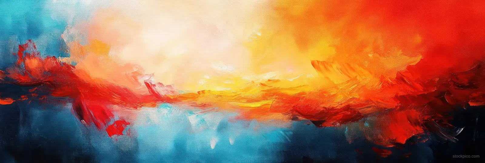Abstract oil painting showing red and orange smoke swirls blending into blue across a textured canvas.