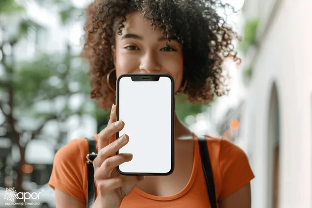 Smiling young woman holding a smartphone in a sunlit urban street with greenery and buildings behind.