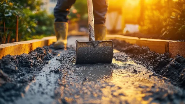 A worker tamping wet concrete on a pathway with a wide metal tamper as sunset light hits wooden formwork.