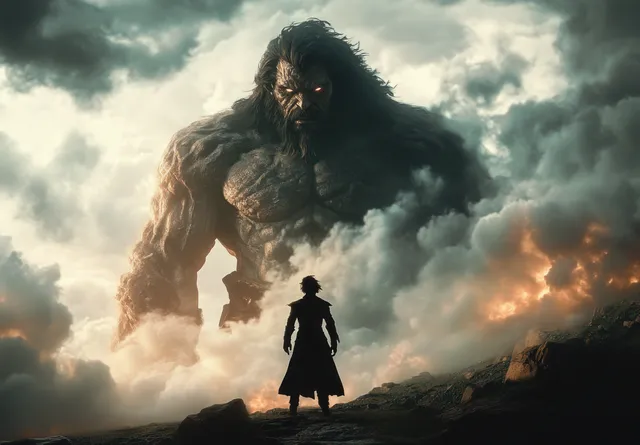 Silhouetted young shepherd confronts a towering giant warrior on a rocky battlefield under stormy clouds.
