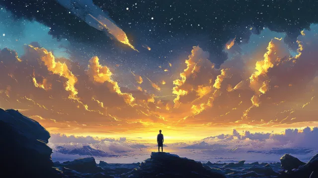 A solitary figure stands on a rocky hill, gazing at glowing clouds and stars in twilight.