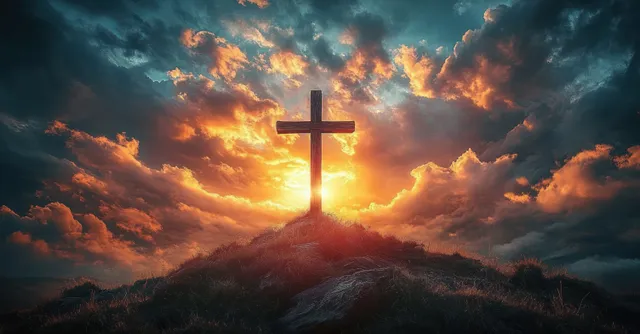 Wooden cross silhouette on grassy hill under dramatic sunset clouds