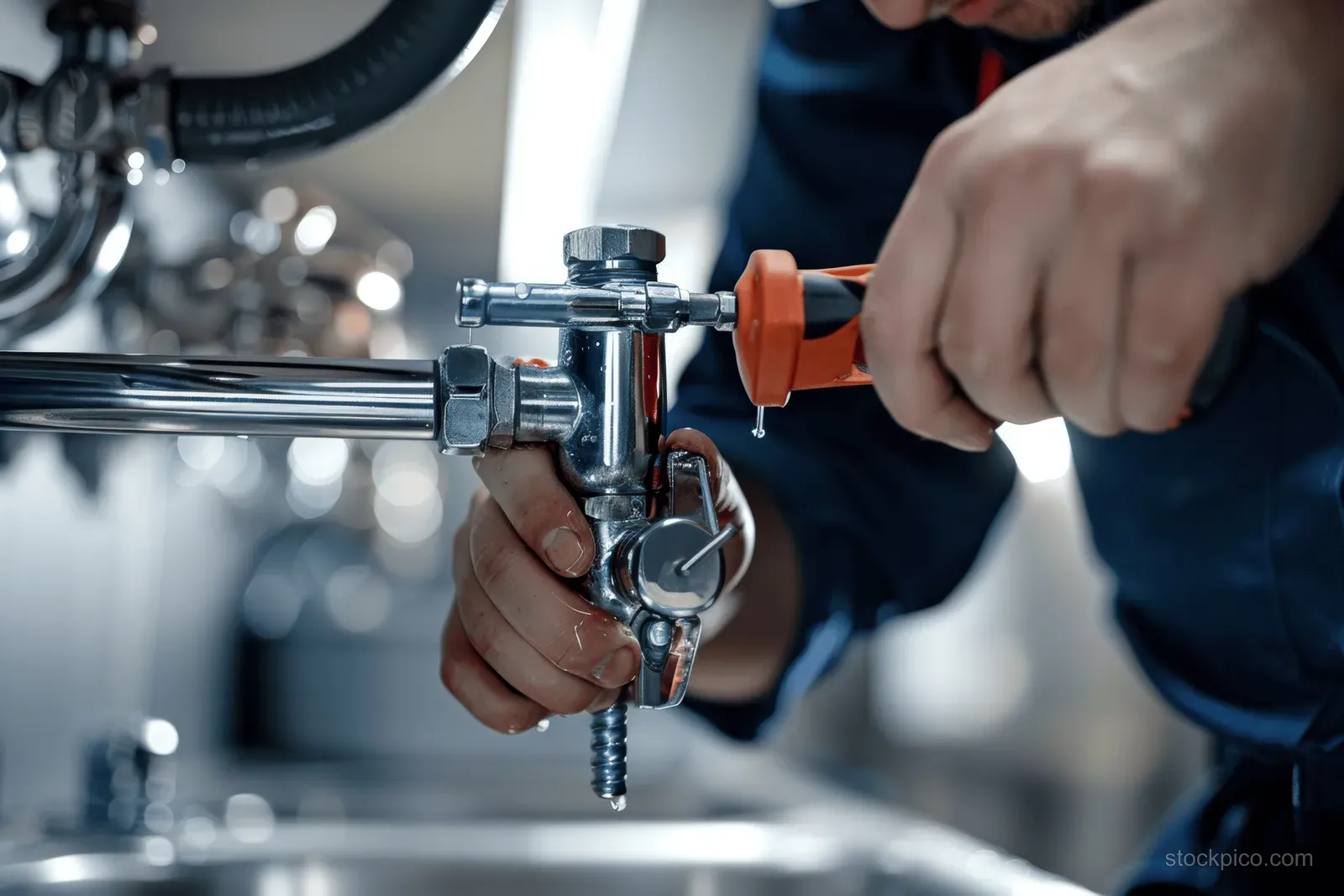 Plumber tightens a sink water pipe valve under a bathroom basin using a red-handled wrench.