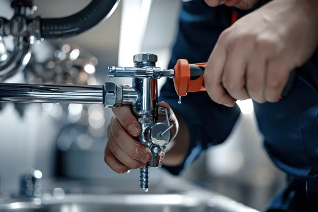 Plumber tightens a sink water pipe valve under a bathroom basin using a red-handled wrench.
