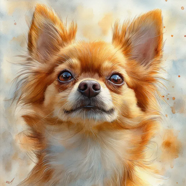 Watercolor portrait of a small orange dog with soft pastel splash background with Hand Drawn Style