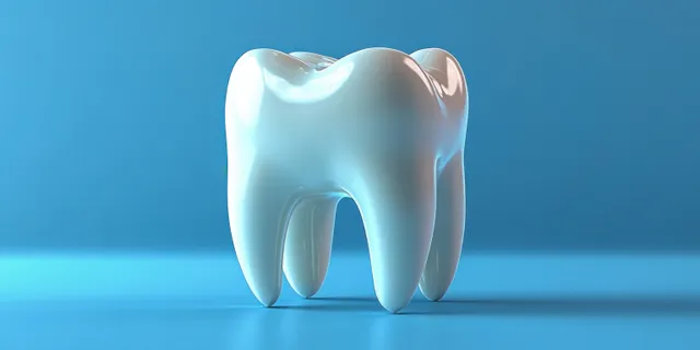 A dental tooth model sits on a blue surface with surrounding oral hygiene items like toothbrush and toothpaste.
