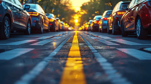 Modern cars are parked on both sides of a city lane as sunset light reflects on the road.