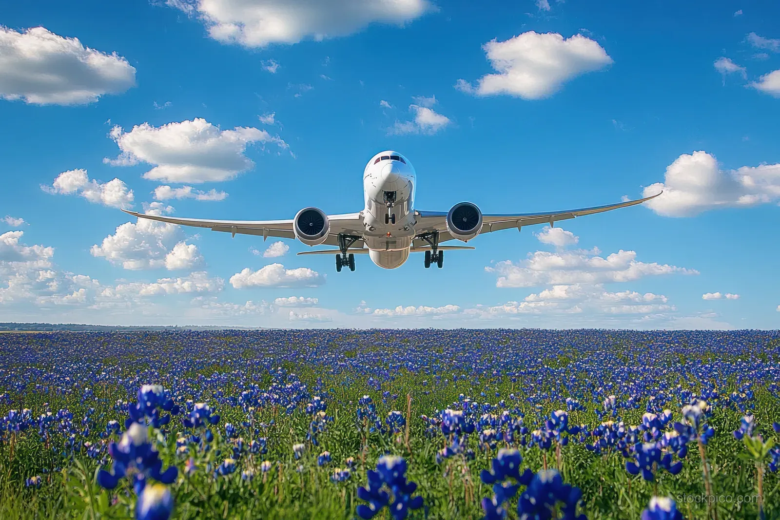 A low-flying commercial airplane approaches over a meadow of blue flowers under scattered white clouds.