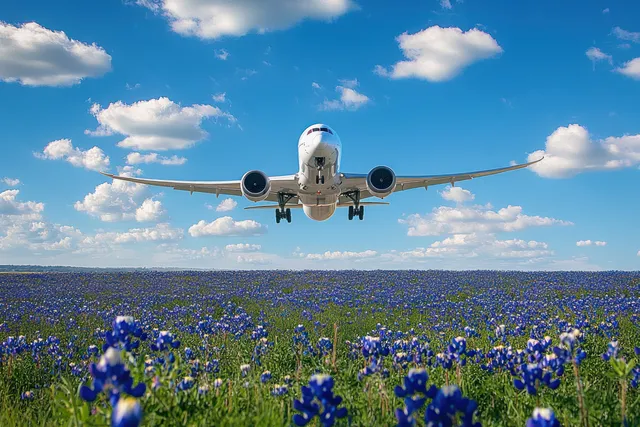 A low-flying commercial airplane approaches over a meadow of blue flowers under scattered white clouds.