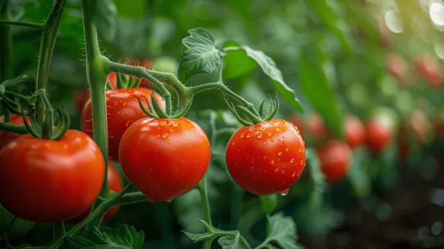 Ripe red tomatoes hang on vines inside a greenhouse with green leaves and a blurred harvest row behind.