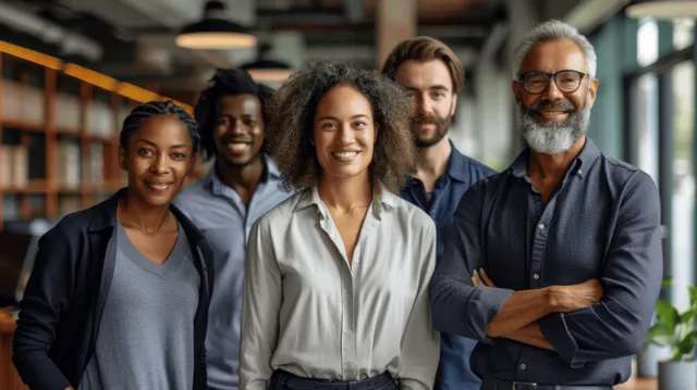 Multiethnic coworkers smile while standing together in a bright office hallway.