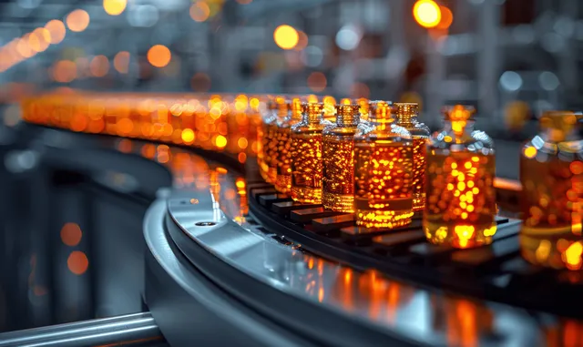 Amber medical vials line an automated conveyor while a technician inspects them in a pharmaceutical facility.