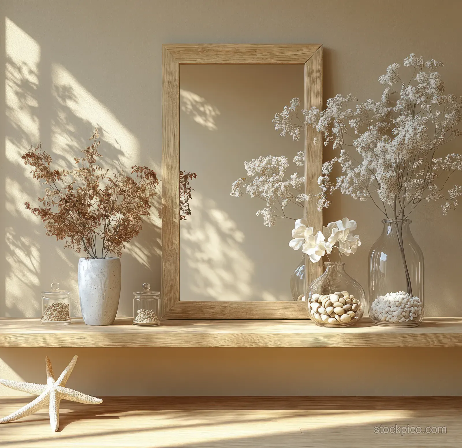 Sunlit wooden shelf with framed mirror, dried flowers in glass bottles, and a starfish in a coastal bedroom.
