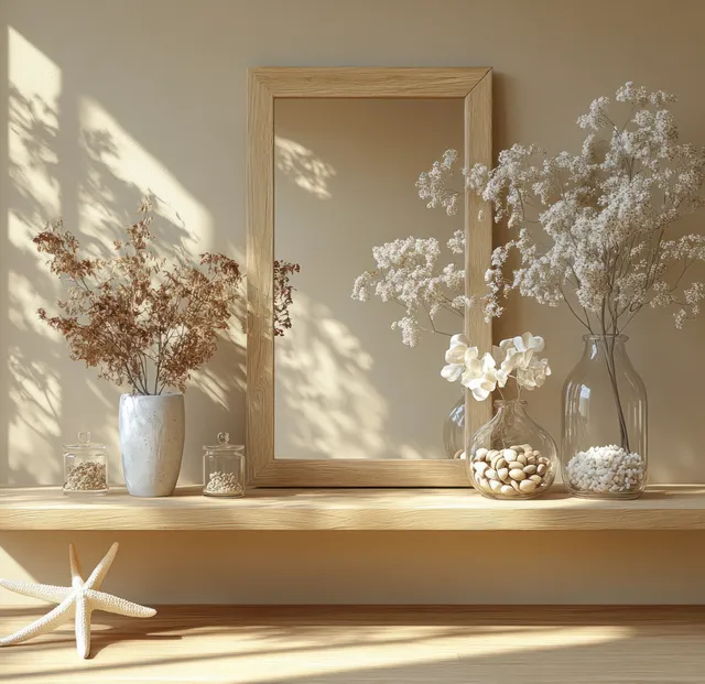 Sunlit wooden shelf with framed mirror, dried flowers in glass bottles, and a starfish in a coastal bedroom.