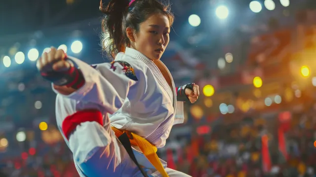 Chinese taekwondo athlete throws a forward kick in a brightly lit sports arena with blurred cheering lights.