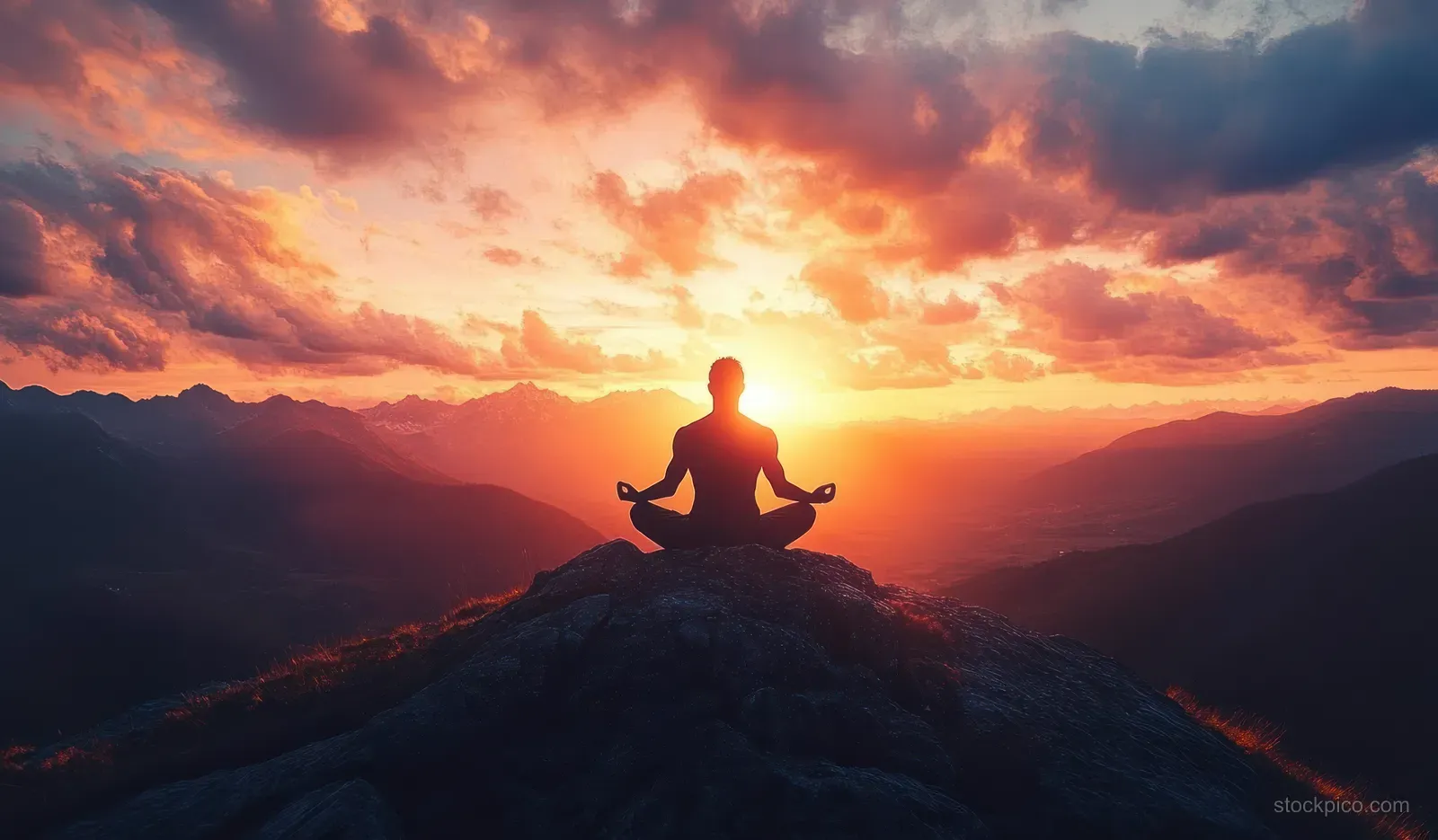 A lone person meditates in lotus pose on a rocky mountain peak during a vibrant sunset with colorful clouds.