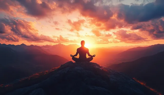Meditating figure in lotus pose on rocky mountain peak at vibrant sunset horizon