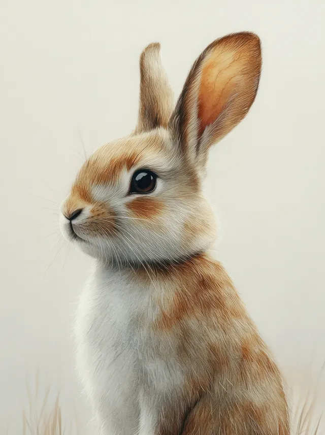Watercolor fluffy gray rabbit with long ears sitting back and facing the viewer on a white background.