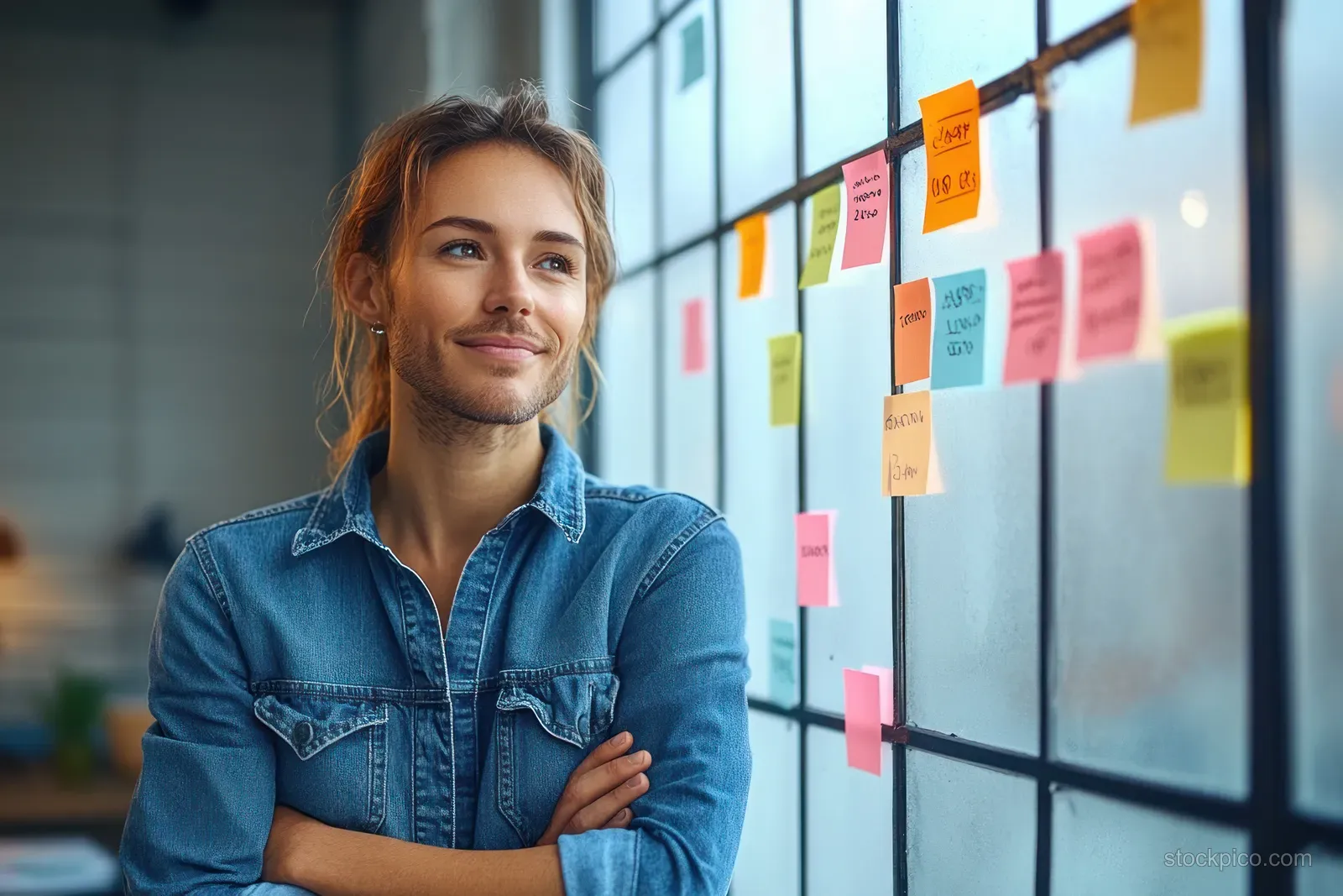 A smiling man in a denim shirt stands with arms crossed in an office beside a glass wall covered with colorful sticky notes.