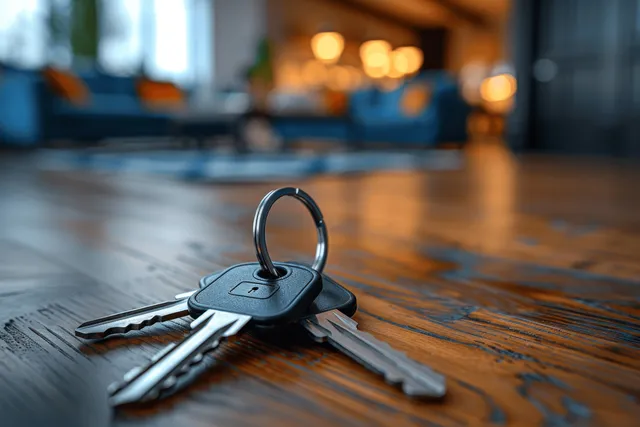 Keys with a keyring rest on a wooden table in a blurred apartment living room interior.