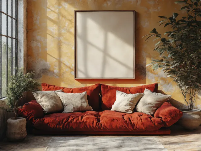 Modular sofa in a minimalist living room with a blank wall frame and warm sunlight shadows.