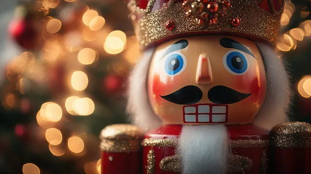 Traditional nutcracker soldier holding festive court scene, warm bokeh holiday lights