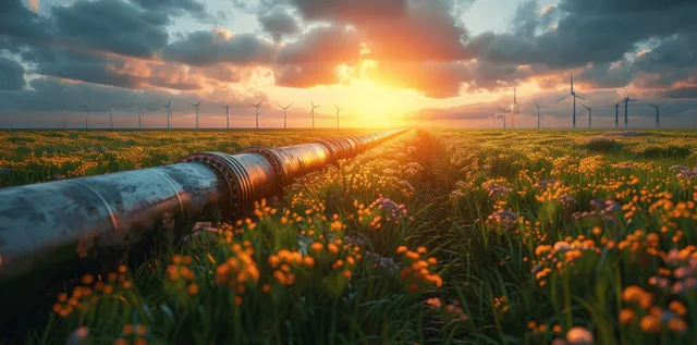Hydrogen pipeline runs through a grassy field with wind turbines under sunset sky with Sustainable Fuel Systems
