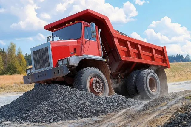 A red dump truck unloads gravel onto a roadwork site, showing dust, tire tracks, and a gravel pile.