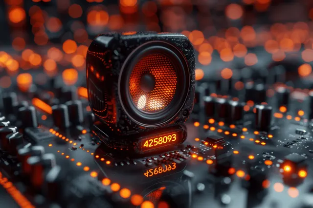 A black and orange futuristic speaker glows while radiating sound waves across a dark illuminated city scene.