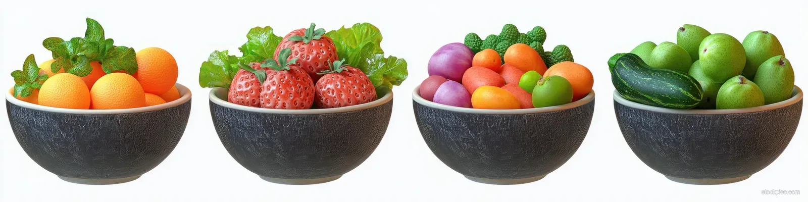 Four dark bowls filled with fresh oranges with mint, strawberries with lettuce, mini tomatoes, and green pears with zucchini.