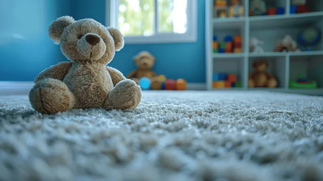 Teddy bear lying on a white carpet with colorful toys and shelves in the bright children’s playroom behind it.