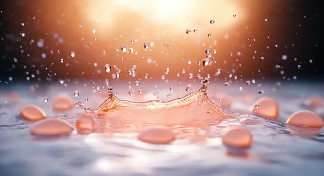 Vitamin serum drops splashing over skin-like surface with glowing collagen spheres