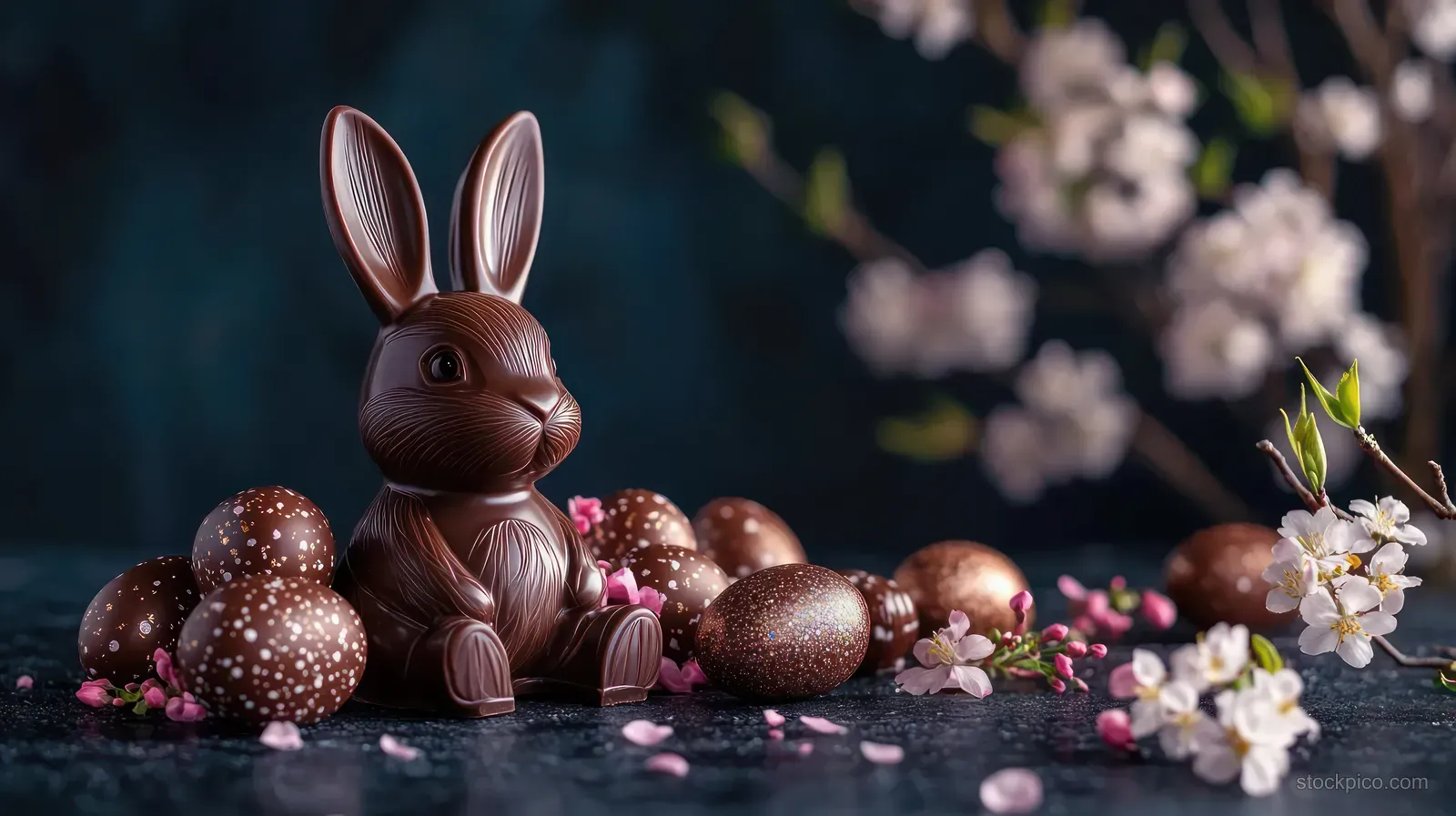 Chocolate bunny on a dark table surrounded by decorative chocolate eggs and white-pink blossoms.