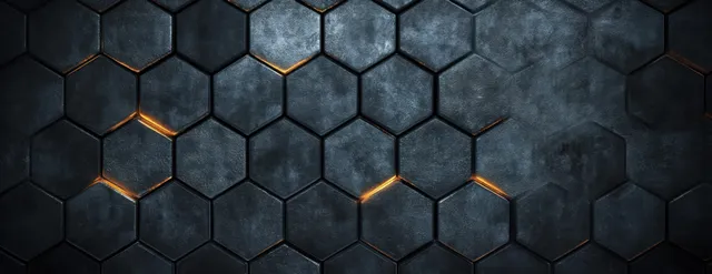 Hexagonal tiles on a dark concrete wall with smoky grunge texture and orange accent lines.