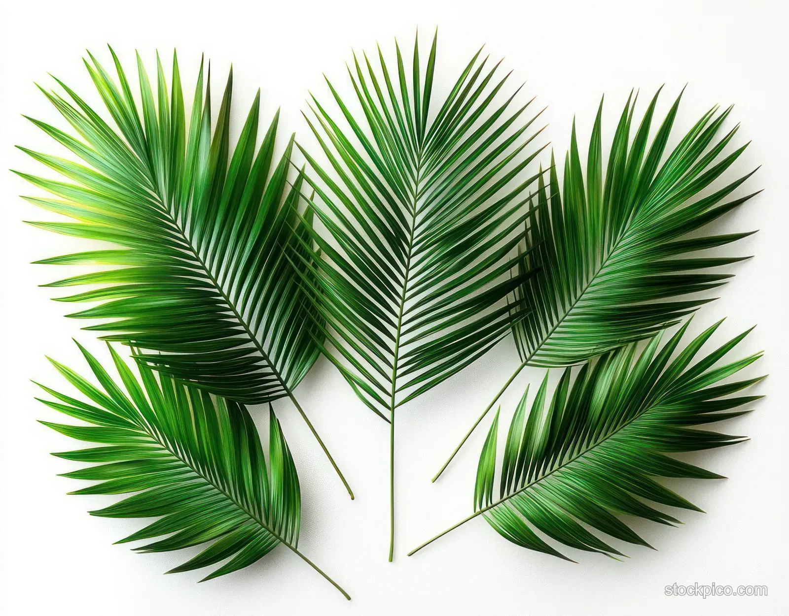 Six green palm fronds arranged symmetrically on a white background with visible vein and leaf-edge details.
